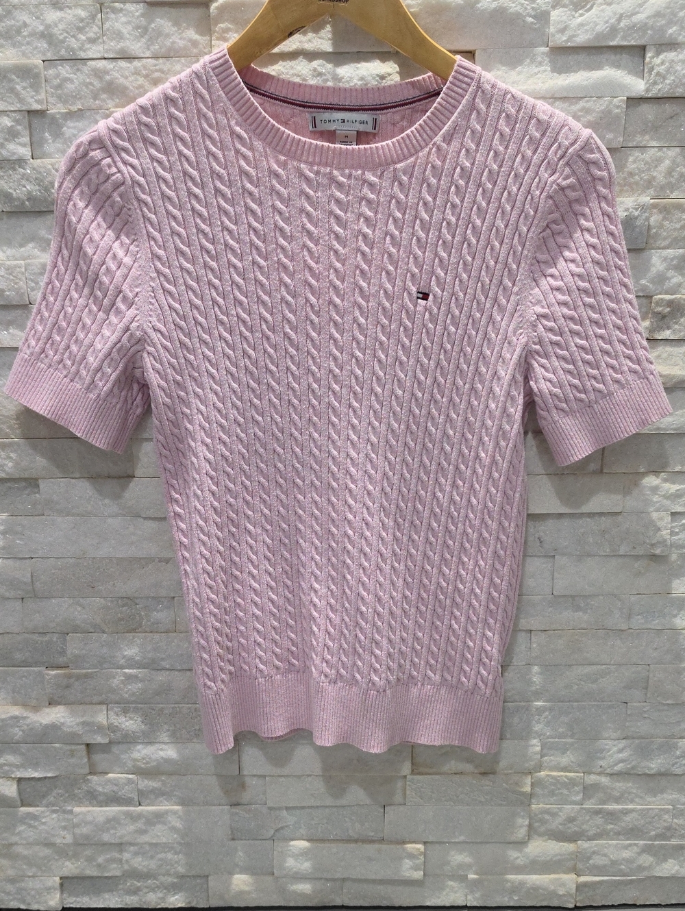 Tommy Hilfiger Light Pink Cable-Knit Short Sleeve Sweater Top